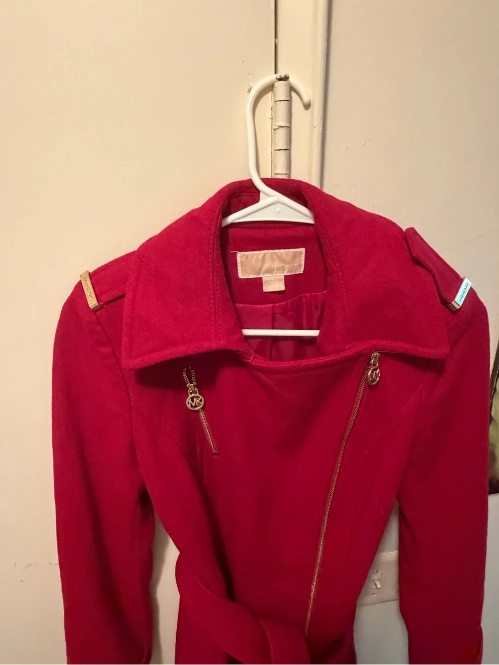 Michael Kors Red Wool Belted Asymmetrical Zip Coat Size 0